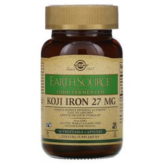 Залізо, Earth Source® Food fermented koji IRON, Solgar, 27 мг, 60 рослинних капсул - фото
