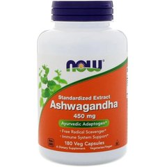 Ашвагандха, Ashwagandha, Now Foods, 450 мг, 180 растительных капсул - фото