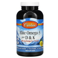 Омега 3 + витамин Д3 и витамин К, Omega-3 Plus D & K, Carlson Labs, 180 гелевых капсул - фото