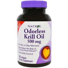 Масло криля, Odorless Krill Oil, Natrol, 500 мг, 30 гелевыех капсул - фото