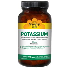 Калий, Potassium, Country Life, 99 мг, 250 таблеток - фото
