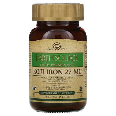 Залізо, Earth Source® Food fermented koji IRON, Solgar, 27 мг, 60 рослинних капсул - фото