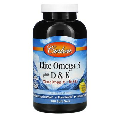 Омега 3+ вітамін Д3 та вітамін К, Omega-3 Plus D&K, Carlson Labs, 180 гелевих капсул - фото