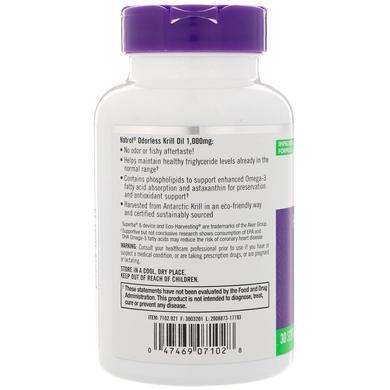 Масло криля, Odorless Krill Oil, Natrol, 1000 мг, 30 гелевых капсул - фото