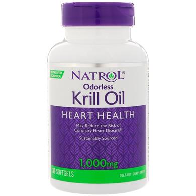 Масло криля, Odorless Krill Oil, Natrol, 1000 мг, 30 гелевых капсул - фото