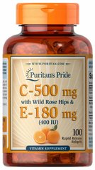 Витамин С + Витамин Е с шиповником, Vitamin C & E with Rose Hips, Puritan's Pride, 500 мг/400 МЕ, 100 гелевых капсул - фото