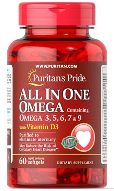 Омега 3-5-6-7-9 і вітамін Д3, Omega 3, 5, 6, 7 & 9 with Vitamin D3, Puritan's Pride, 60 капсул - фото
