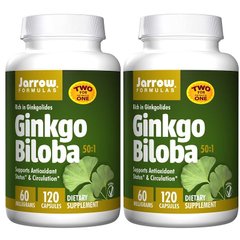 Гинкго Билоба, Ginkgo Biloba, 50:1, 2 банки, Jarrow Formulas, 60 мг, 120 капсул - фото