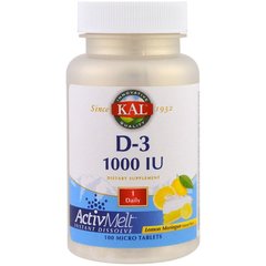 Витамин Д3, со вкусом лимона, Vitamin D-3, Kal, 1000 МЕ, 100 таблеток - фото
