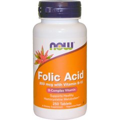 Фолієва кислота і В12, Folic Acid Vitamin B-12, Now Foods, 800 мкг, 250 таблеток - фото