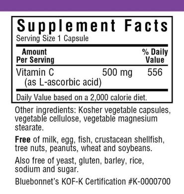 Витамин С 500мг, Bluebonnet Nutrition, 90 вегетарианских капсул - фото