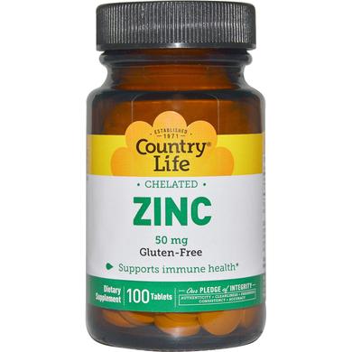 Цинк хелатний, Chelated Zinc, Country Life, 50 мг, 100 таблеток - фото