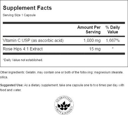Витамин С с шиповником, Vitamin C with Rose Hips, Swanson, 1000 мг, 30 капсул - фото
