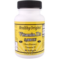 Витамин D3, Vitamin D3, Healthy Origins, 5000 МЕ, 30 капсул - фото