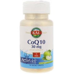Коэнзим Q10, зеленое яблоко, CoQ10, Kal, 30 мг, 90 микро таблеток - фото