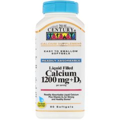 Кальций 1200 мг + Д3, Calcium + D3, 21st Century, жидкий наполнитель, 90 капсул - фото