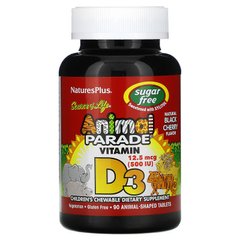Вітамін Д-3, Vitamin D 3, Nature's Plus, Animal Parade, смак чорної вишні, без цукру, 500 МО, 90 жувальних конфет - фото