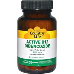 Вітамін В-12 і фолієва кислота, Active B12 Dibencozide, Country Life, 3000 мкг, 60 льодяників - фото