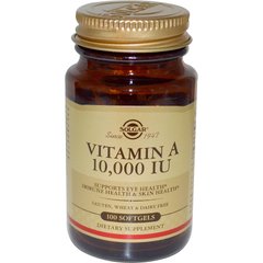 Вітамін А, Vitamin A, Solgar, 10,000 MЕ, 100 капсул - фото