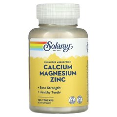 Кальций, магний и цинк, Calcium, Magnesium, Zinc, Solaray, 100 вегетарианских капсул - фото