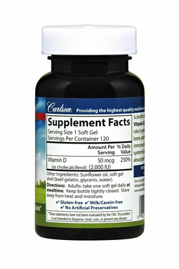 Витамин Д3, Vitamin D3, Carlson Labs, 2000 МЕ (50 мкг), 120 гелевых капсул - фото