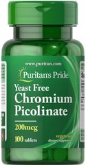 Хром пиколинат, Chromium Picolinate, Puritan's Pride, без дрожжей, 200 мкг, 100 таблеток - фото