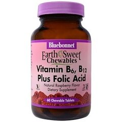 Витамины B6, B12 + фолиевая кислота, Vitamin B6, B12 Plus Folic Acid, Bluebonnet Nutrition, малина, 60 жевательных таблеток - фото