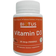 Витамин Д3, Vitamin D3, Biotus, 1000 МЕ, 60 капсул - фото
