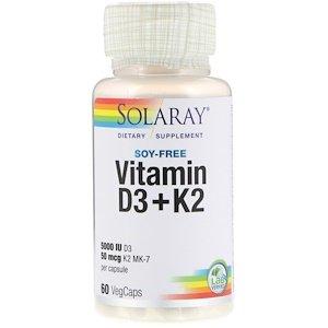 Витамин Д3 и К2, Vitamin D-3 & K-2, Solaray, без сои, 60 капсул - фото