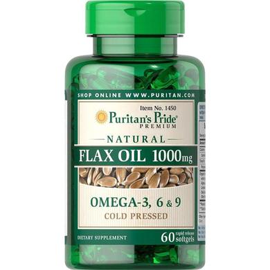 Лляна олія, Natural Flax Oil, Puritan's Pride, без ГМО, 1000 мг, 60 гелевих капсул - фото
