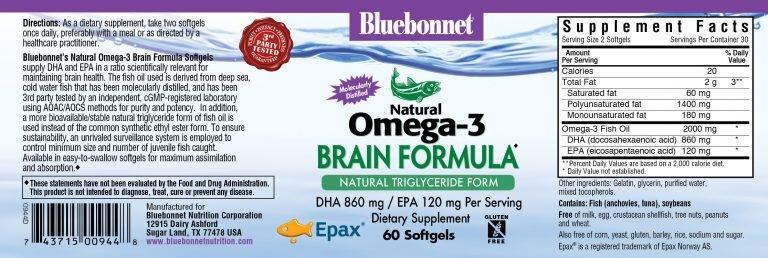 Омега-3 формула для мозга, Omega-3 Brain Formula, Bluebonnet Nutrition, 60 желатиновых капсул - фото