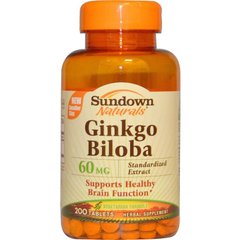 Гинкго Билоба, Ginkgo Biloba, Sundown Naturals, 60 мг, 200 таблеток - фото