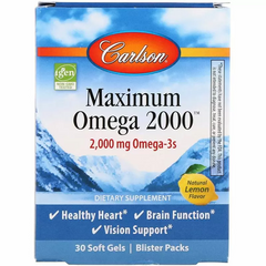 Омега с натуральным вкусом лимона, Maximum Omega 2000, Carlson Labs, 2000 мг, 30 гелевых капсул - фото