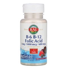 Витамин B12 + B6 фолиевая кислота, Vitamin B-6 B-12 Folic Acid, Kal, ягоды, 60 таблеток - фото