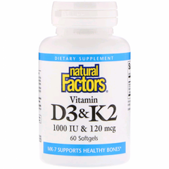 Витамин D3 и К2, Natural Factors, 60 гелевых капсул - фото