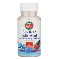 Вітамін B12 + B6 фолієва кислота, Vitamin B-6 B-12 Folic Acid, Kal, ягоди, 60 таблеток - фото
