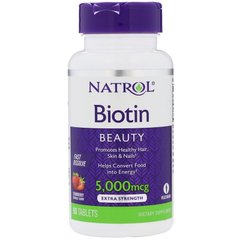 Биотин, Biotin, вкус клубники, Natrol, 5000 мкг, 90 таблеток - фото