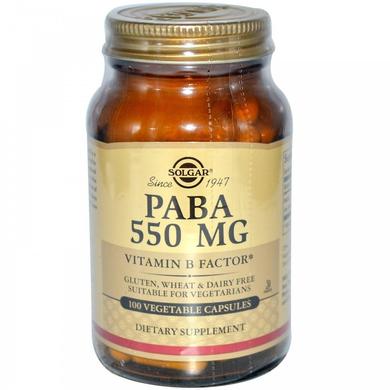 ПАБК (пара-амінобензойна кислота), PABA, Solgar, 550 мг, 100 капсул - фото