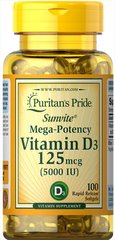 Витамин Д3, Vitamin D3, Puritan's Pride, 5000 МЕ, 100 капсул - фото