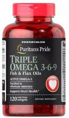 Омега 3-6-9, Triple Omega 3-6-9, Puritan's Pride, з риб'ячим жиром, лляною олією та олією чиа, 120 гелевих капсул. - фото