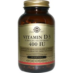 Вітамін D3, Vitamin D3, Solgar, 400 МО, 250 капсул - фото