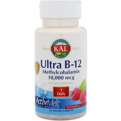Ультра B-12 метилкобаламін, Ultra B-12 Methylcobalamin, Kal, малина, 10000 мкг, 30 таблеток - фото