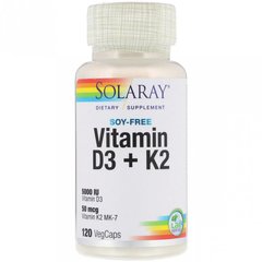 Витамин D3+K2, Soy-Free, Solaray, 120 вегетарианских капсул - фото