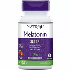 Мелатонін, Melatonin, Natrol, швидкорозчинний, смак полуниці, 10 мг, 30 таблеток - фото