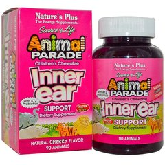 Жевательные витамины для детей с вишневым вкусом, Inner Ear Support, Nature's Plus, Animal Parade, 90 животных - фото