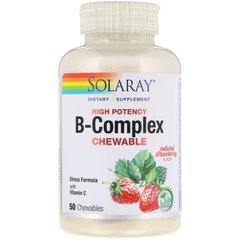 Комплекс витаминов группы В, B-Complex Chewable, Solaray, вкус клубники, 50 таблеток - фото