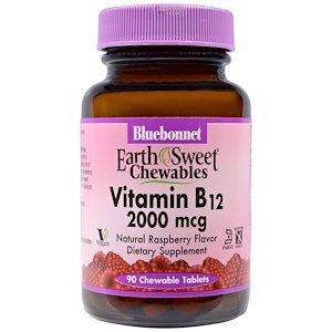 Вітамін В12 (ціанокобаламін), Vitamin B12, Bluebonnet Nutrition, малина, 2000 мкг, 90 жувальних таблеток - фото