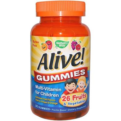 Мультивитамины для детей, вишня, виноград и апельсин, Alive! Multi-Vitamin, Nature's Way, 90 жевательных конфет - фото