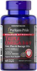 Омега 3-6-9, Omega 3-6-9 Fish, Puritan's Pride, масло льна и бораго, 60 капсул - фото