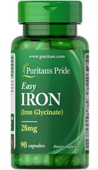 Железо, Easy Iron (Glycinate), Puritan's Pride, 28 мг, 90 гелевых капсул - фото